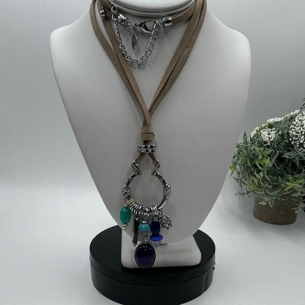 Chicos Silver Toned Blue Abalone Shell Green Beads Tan Suede‎ Necklace